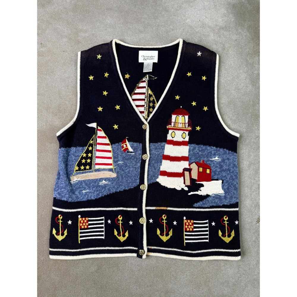 VTG Christopher & Banks Sweater Vest Womens S Blue Nautical Coastal Lighthouse